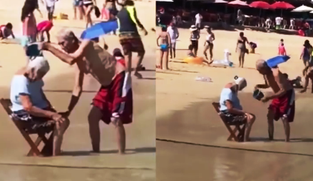 Vídeo de idoso dando banho de mar na esposa emociona internautas